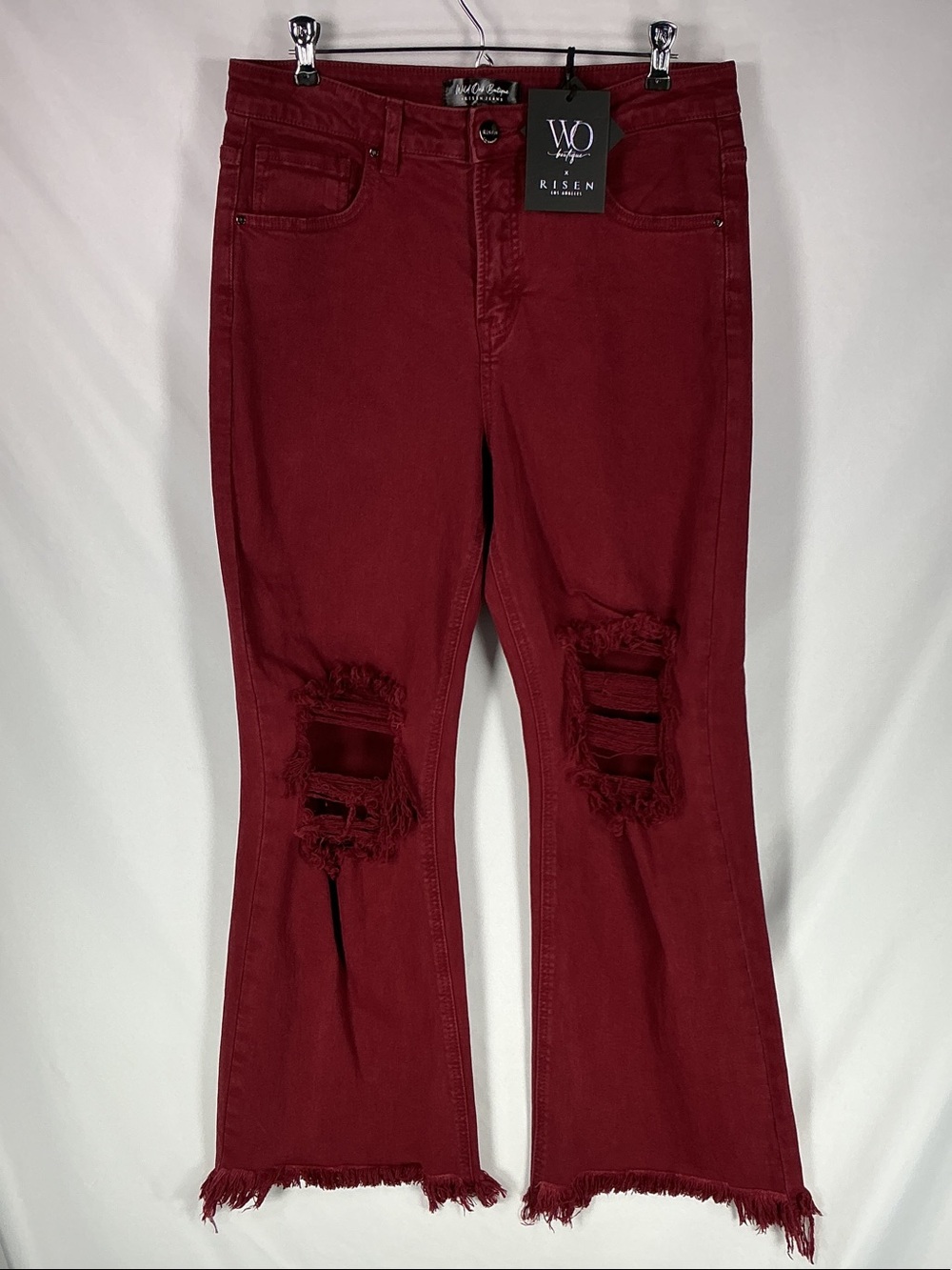 Risen by W.O. Distressed Burgundy Flare Jeans 13/31
